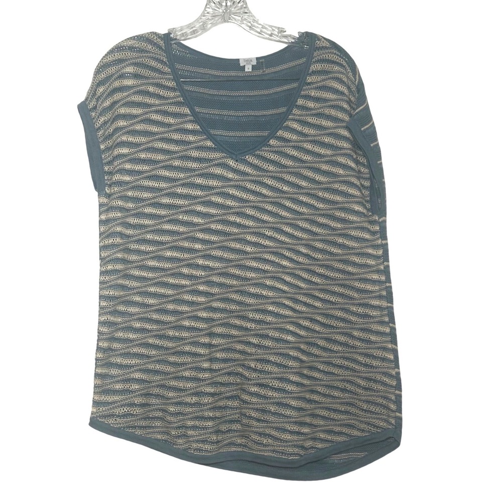 Bela NYC Blue Wavy Stripe Pima Cotton Knit V-Neck Sleeveless Top Size 3